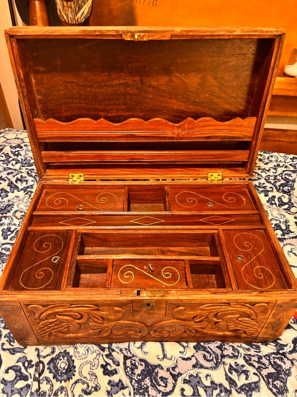 Hand-Carved Wooden Jewelry Organizer Box - Brown/ antique Anglo Indian style